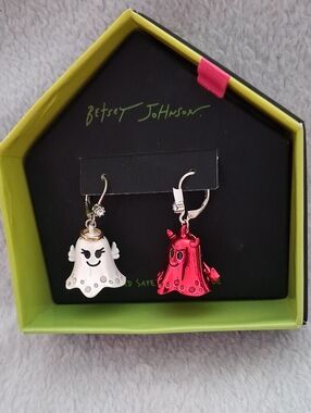 Betsey Johnson White Ghost & Metallic Pink Devil Charm Drop Earrings